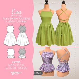 Puede incluir: Un patrón de costura en PDF para el vestido y top Eva, con dibujos técnicos y fotos de un vestido verde lima liso y un top peplum con estampado floral morado. Ambas prendas tienen un escote cuadrado y una espalda con cordones y tirantes finos.