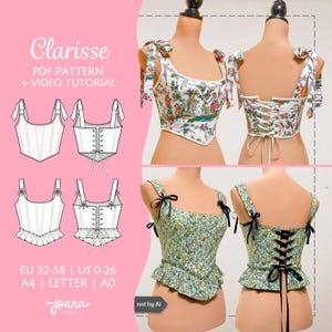 Romantic Corset Sewing Pattern with Shoulder Ties, Peplum Top Pattern | 14 Sizes | PDF A4, Letter, A0 | CLARISSE Top Corset