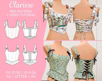 Romantic Corset Sewing Pattern with Shoulder Ties, Peplum Top Pattern | 14 Sizes | PDF A4, Letter, A0 | CLARISSE Top Corset