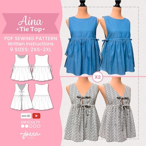 May include: A PDF sewing pattern for the Aina Tie Top, featuring written instructions for 9 sizes from 2XS to 2XL. The image displays technical line drawings and two finished top styles: a solid blue denim version and a black and white patterned version.
