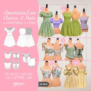 Op de afbeelding: Een naaipatrooncollectie getiteld Anastasia, Eva, Clarisse & Maite met 4 patronen plus 1 gratis. Bevat technische lijntekeningen en foto's van afgewerkte kledingstukken op paspoppen, met jurken en tops met verschillende halslijnen.