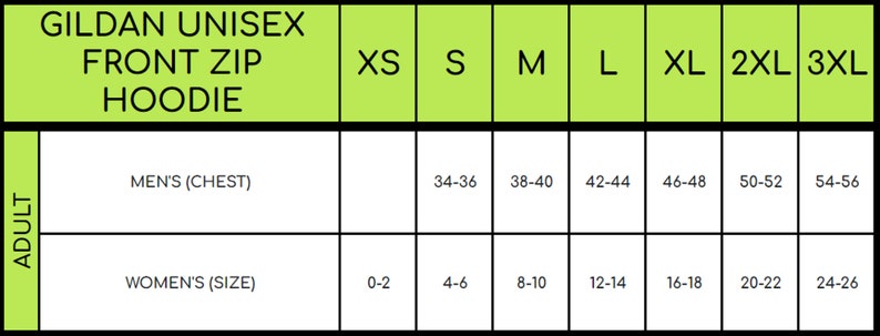 Puede incluir: Tabla de tallas para sudaderas con cremallera frontal unisex Gildan. La tabla muestra las tallas desde XS hasta 3XL con las medidas de pecho correspondientes en pulgadas para hombres y mujeres.