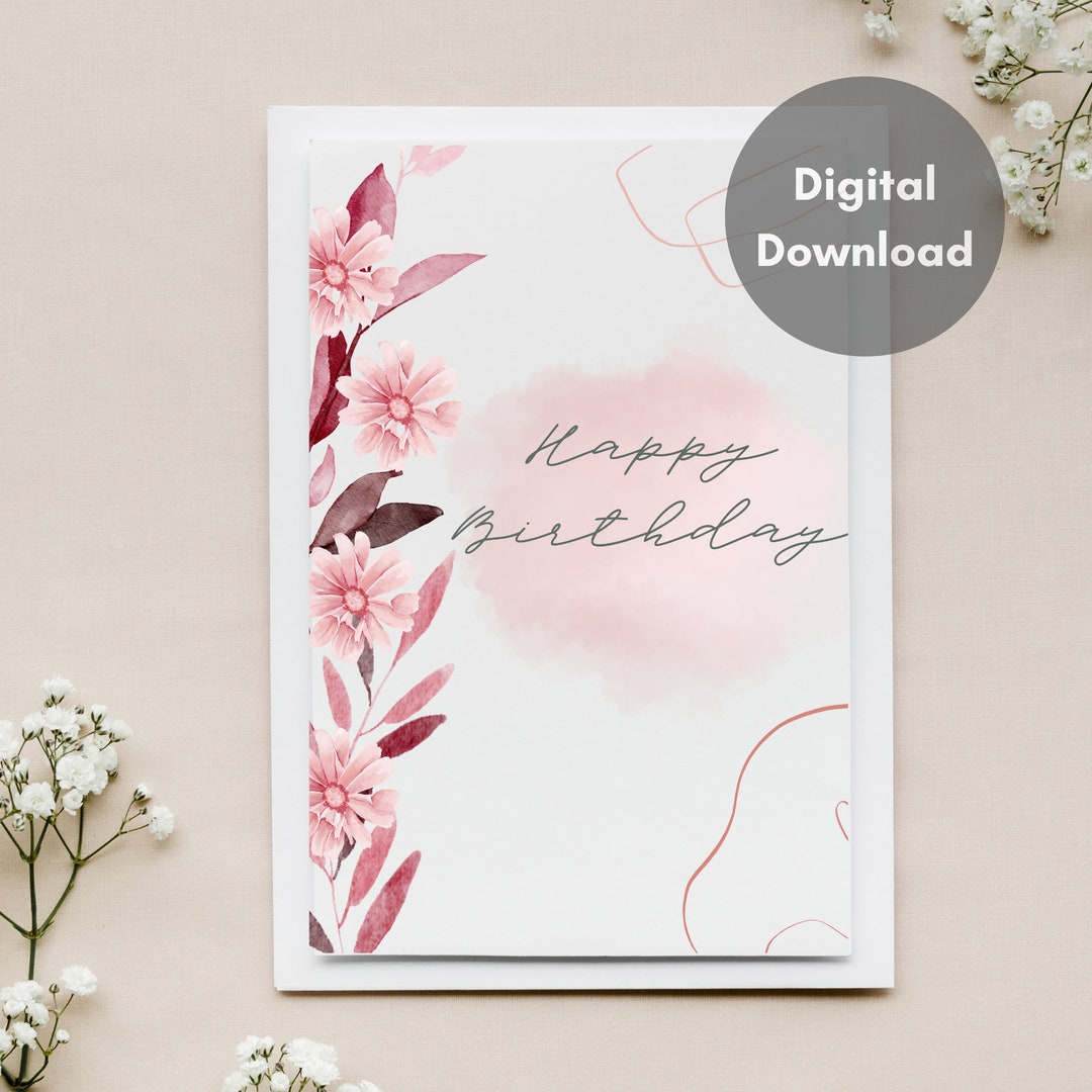 Botanical Pink Floral Happy Birthday Card Printable, Digital Download ...