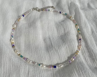 Freshwater Pearl Beaded Choker: Multi-Color Seed Bead Necklace