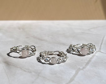 Silver Delicate Rose Quartz Ring | Wire Wrapped Crystal Jewelry | Handcrafted Gemstone Ring