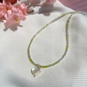 Heart Necklace| Beaded Necklace| Mixed Bead Necklace| Pearl Heart Pendant| Natural White Shell Heart