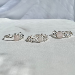 Silver Delicate Rose Quartz Ring | Wire Wrapped Crystal Jewelry | Handcrafted Gemstone Ring