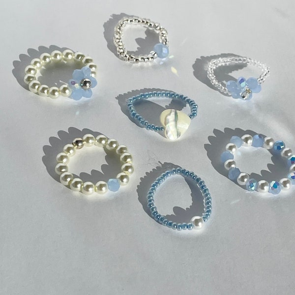 Cute Bead Rings| Lustre Pearls| Gift| Pretty| Flower Ring| Y2k| Stretchy Ring