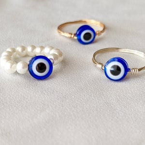 Evil Eye Wire Wrap Ring| Dainty Handmade Blue Eye Boho Protection Jewelry Gift