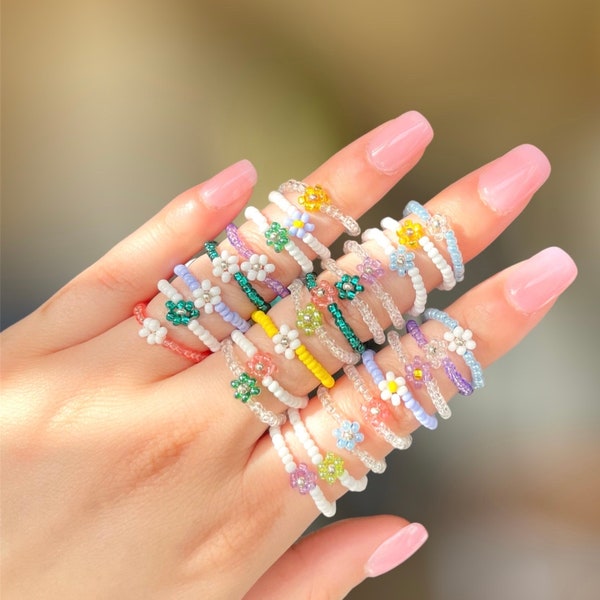 BUY1GET1FREE Daisy Seed Bead Ring Set| Daisy Flower Bead Ring| Stretchy Ring