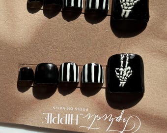 Black Pool Skeletons with White Stripes Press on Toes- Sandal Ready False Toes- Alternative Pedicure