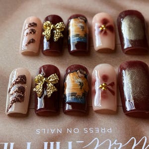Chris Brown Gold and Brown Med/Lg Square Press on Nails