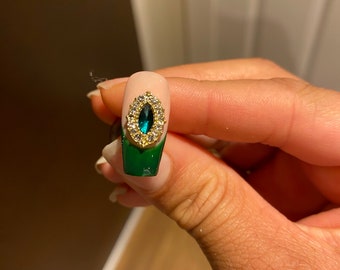 Jelly Jade Medium Ballerina w/ Emerald Jewels on French Tips Press On Nails