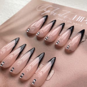 Black French Tips with Double Rhinestone Press on Nails XL Stiletto