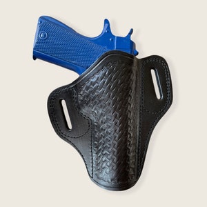KS035 Basketweave Pancake Leather Holster Thumb Break RH Colt 1911 Handmade!