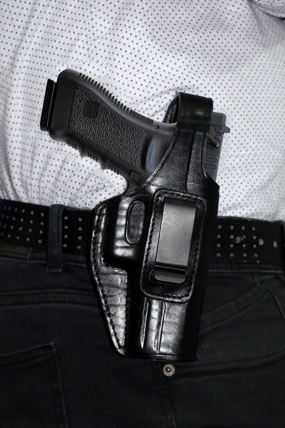 黒のレザー製ホルスター KM021 IWB レザー ベルト ホルスター、GLOCK 17 19 22 23 RH に適合