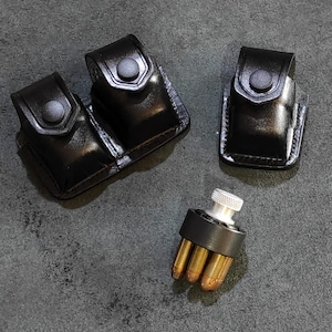 KM0205 Bolsa de couro para carregador rápido simples e duplo com clipe de cinto para revólveres 357 Magnum Smith&Wesson e similares, feita à mão!