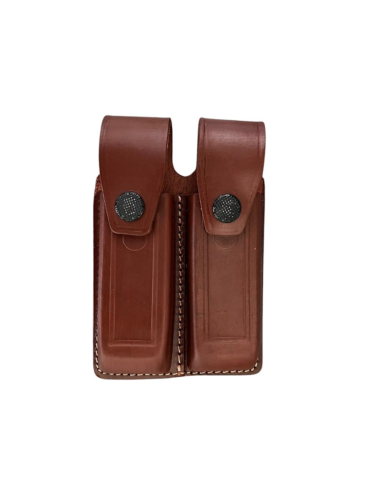 K010 Skórzana ładownica/pokrowiec na dwa magazynki z klapką mocującą do pistoletów Glock 17, Glock19, Glock 22, Glock 23 Ręcznie wykonana!