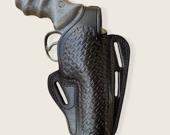 KS030 Basketweave Pancake Leather Holster Thumb Break Right Handed 357 Magnum 4 " Handmade!