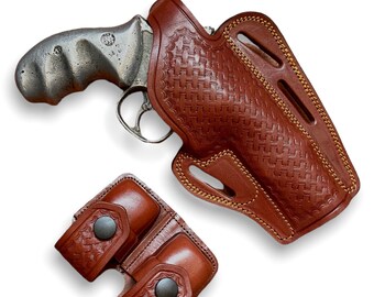 KINGDOM HOLSTER K006-SW Basketweave Leather Double Speedloader Pouch For S&W 357 Magnum