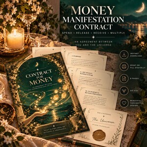 Może przedstawiać: Zestaw dokumentów Money Manifestation Contract z ciemnozieloną okładką ze złotymi ilustracjami nieba, wieloma zadrukowanymi stronami z tekstem i złotą pieczęcią lakową. Tekst zawiera Money Manifestation Contract, Spend, Release, Receive, Multiply oraz An Agreement Between You and the Universe.