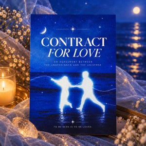 May include: A rectangular print titled CONTRACT FOR LOVE, AN AGREEMENT BETWEEN THE UNDERSIGNED AND THE UNIVERSE, featuring a glowing white silhouette of two figures holding hands on a dark blue ocean shore under a crescent moon and stars.