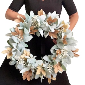 Fall Neutral Toned Lambsear Berry Wreath, Autumn Brown Eucalyptus Leave Berry Wreath, Fall Farmhouse Wreath, Beige Berry Wreath Front Door