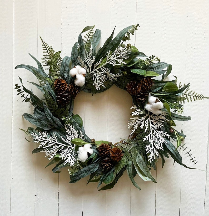 Winter Eucalyptus Christmas Wreath With Cotton and Pinecones - Etsy