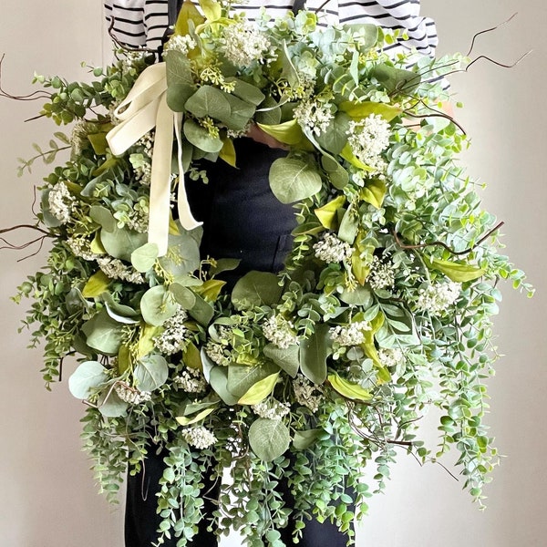 XL Eucalyptus Wreath: Modern Farmhouse Greenery with Velvet Ribbon
