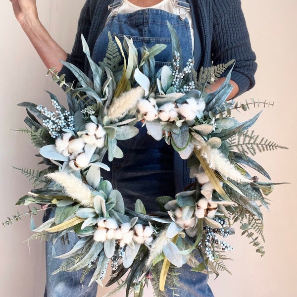 Lambs Ear and Cotton Wreath Etsy