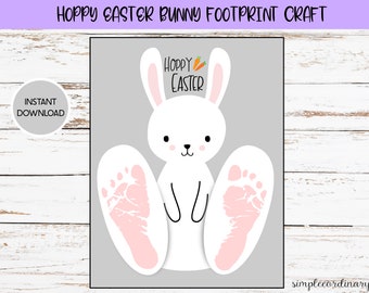 Hoppy Osterhase Fußabdruck Handwerk, druckbare Fußabdruck Kunst, Kindertagesstätte Aktivität, DIY Andenken Dekor, Ostern Handwerk, Baby Häschen Kunst