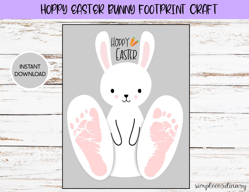 Hoppy Easter Bunny Footprint Crafts, Printable Footprint Art, Daycare Activity, DIY Keepsake Decor, Easter Crafts, Baby Bunny Art image 1