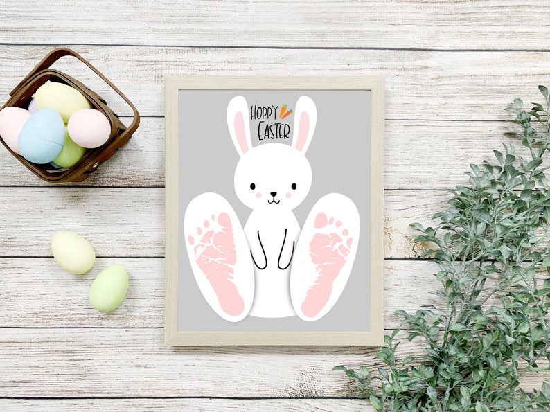 Hoppy Easter Bunny Footprint Crafts, Printable Footprint Art, Daycare Activity, DIY Keepsake Decor, Easter Crafts, Baby Bunny Art image 2