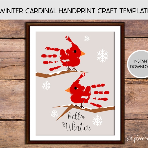 Winter Cardinals Handprint Craft, Winter Printable Card, Sibling Crafts, Daycare Preschool Activities, DIY Memory Keepsake, Winter Bird Art