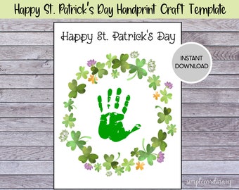 Happy St.Patrick's Day Handprint Footprint Craft, Printable Craft Card, Daycare Activity, Clover Wreath Art, DIY Keepsake, Nursery Decor