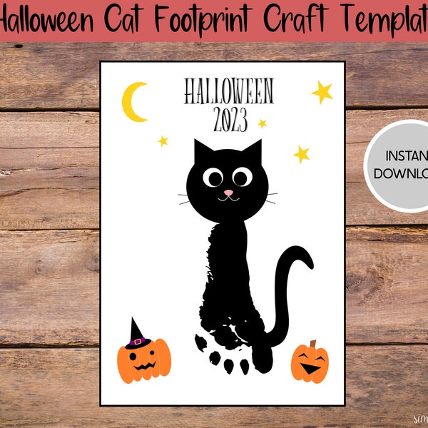 Modèle d'artisanat d'empreinte de chat noir d'Halloween, art d'empreinte de main imprimable, souvenir de bricolage, activités de garderie préscolaire, artisanat d'octobre