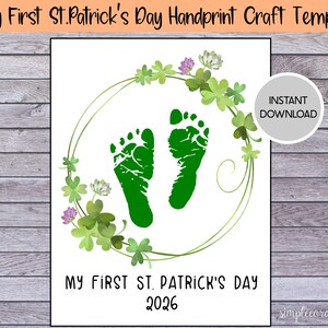 Mitt första fotavtryckspyssel till St. Patrick's Day, handavtryckskonst med klöverkrans, utskrivbart pysselkort, gör-det-själv-minnessak, babykonst, barnrumsdekor