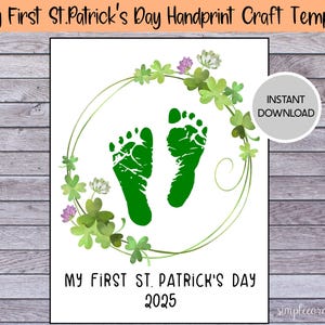 Créations manuelles d'empreintes de pas de ma première Saint-Patrick, art de l'empreinte de main couronne de trèfle, carte d'artisanat imprimable, bricolage souvenir, art pour bébé, décoration de chambre d'enfant