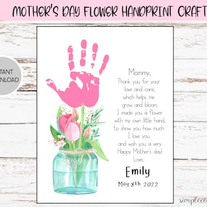 Mother's Day Flower Handprint Crafts, Printable Handprint Footprint Art, Daycare Activities, DIY memory keepsake, Baby Art