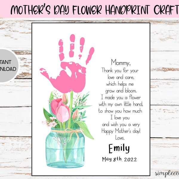 Mother's Day Flower Handprint Crafts, Printable Handprint Footprint Art, Daycare Activities, DIY memory keepsake, Baby Art