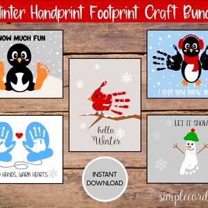 Pacote de artesanato de pegada de mão de inverno, cartões imprimíveis de inverno, atividades de creche, lembrança de memória DIY, arte de bebê de inverno