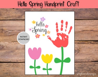 Hello Spring Flower Handprint Craft, Printable Handprint Art, Daycare Activity, DIY Memory Keepsake, Spring Crafts, Baby Infant Toddler