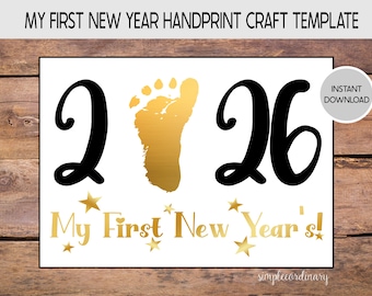 202 My First New Year Footprint Craft, Printable Handprint Art, DIY Memory Keepsake, Baby Infant Art, New Year's Crafts, Nursery Decor