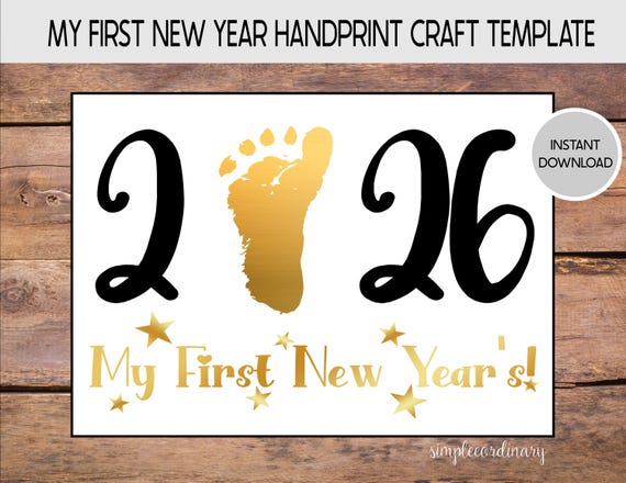202 My First New Year Footprint Craft, Printable Handprint Art, DIY Memory Keepsake, Baby Infant Art, New Year's Crafts, Nursery Decor