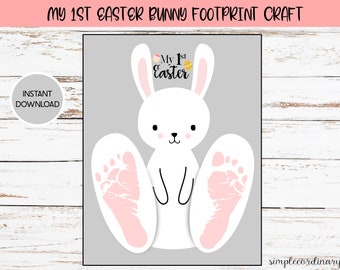 My First Easter Pink Bunny Footprint Craft, Printable Footprint Art, Daycare Activity, DIY Keepsake Decor, Easter Crafts, Baby Bunny Art