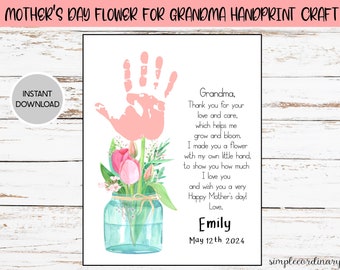 Mother's Day Flower for Grandma Handprint Crafts, Printable Handprint Footprint Art, Daycare Activities, DIY memory keepsake, Baby Art