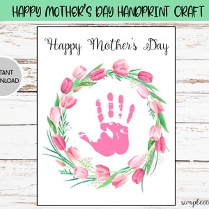 Happy Mother&#39;s Day Tulip Wreath Handprint Footprint Crafts, Printable Handprint Art, Daycare Activities, DIY Keepsake Decor, Baby Art