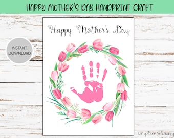 Happy Mother's Day Tulip Wreath Handprint Footprint Crafts, Printable Handprint Art, Daycare Activities, DIY Keepsake Decor, Baby Art