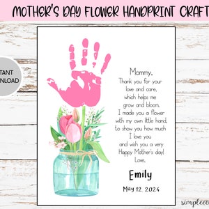 Mother's Day Flower Handprint Crafts, Printable Handprint Footprint Art, Daycare Activities, DIY memory keepsake, Baby Art
