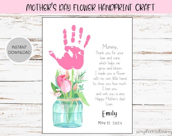 Mother's Day Flower Handprint Crafts, Printable Handprint Footprint Art, Daycare Activities, DIY memory keepsake, Baby Art